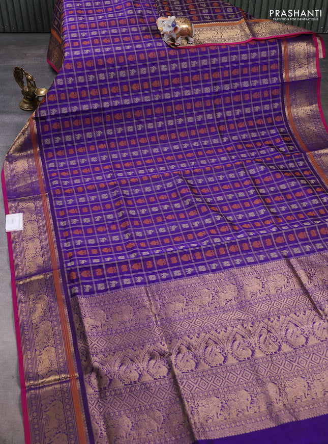 Kanchipuram silk cotton saree violet and magenta pink with allover thread checks & buttas and zari woven border