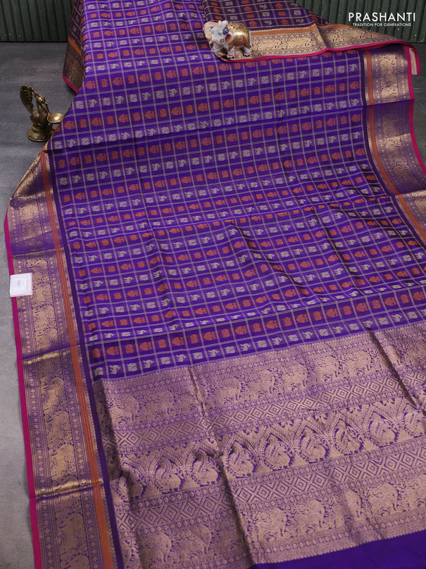 Kanchipuram silk cotton saree violet and magenta pink with allover thread checks & buttas and zari woven border