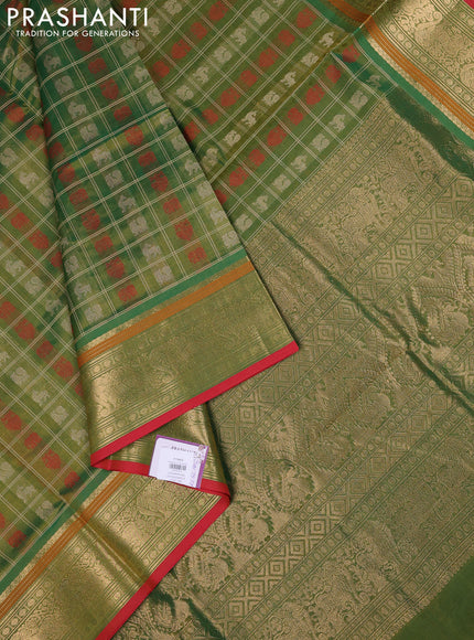 Kanchipuram silk cotton saree green and red with allover thread checks & buttas and zari woven border