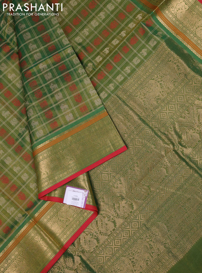 Kanchipuram silk cotton saree green and red with allover thread checks & buttas and zari woven border