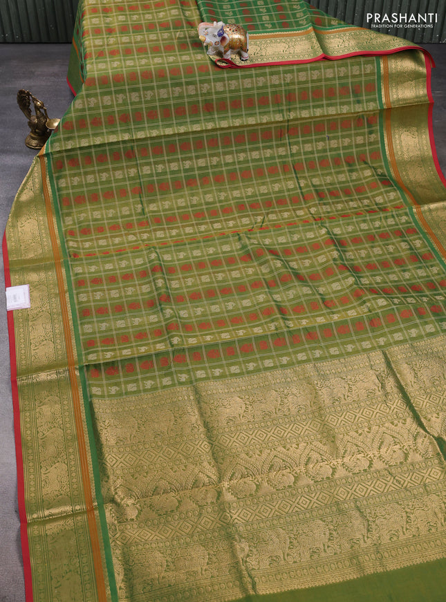Kanchipuram silk cotton saree green and red with allover thread checks & buttas and zari woven border