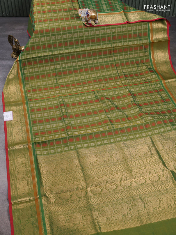 Kanchipuram silk cotton saree green and red with allover thread checks & buttas and zari woven border