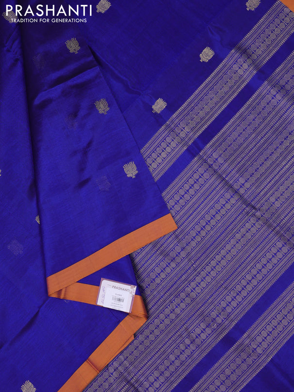 Kanchipuram silk cotton saree blue and orange with zari woven buttas and piping border