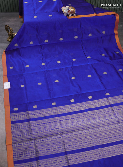 Kanchipuram silk cotton saree blue and orange with zari woven buttas and piping border