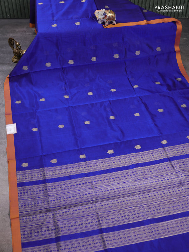 Kanchipuram silk cotton saree blue and orange with zari woven buttas and piping border