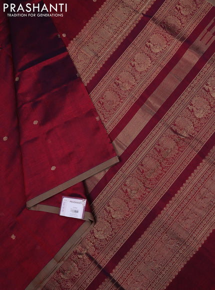 Kanchipuram silk cotton saree maroon and beige with zari woven buttas and piping border