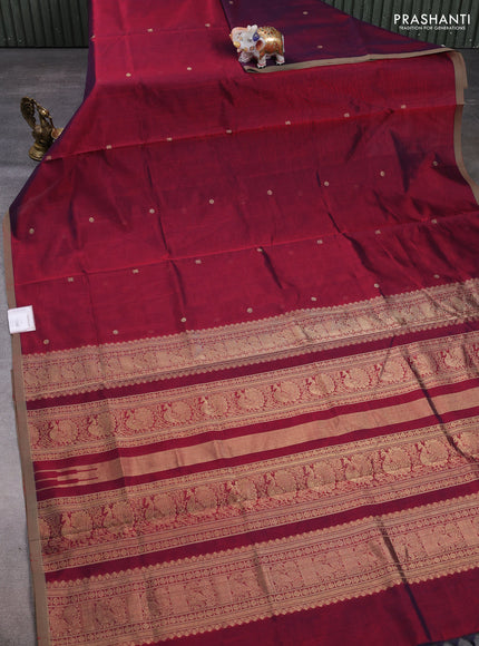 Kanchipuram silk cotton saree maroon and beige with zari woven buttas and piping border
