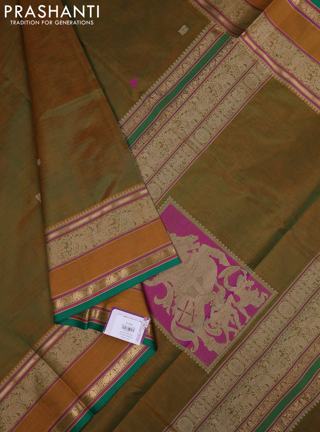 Kanchipuram silk cotton saree mustard green and green with thread woven buttas and rettapet thread & zari woven border