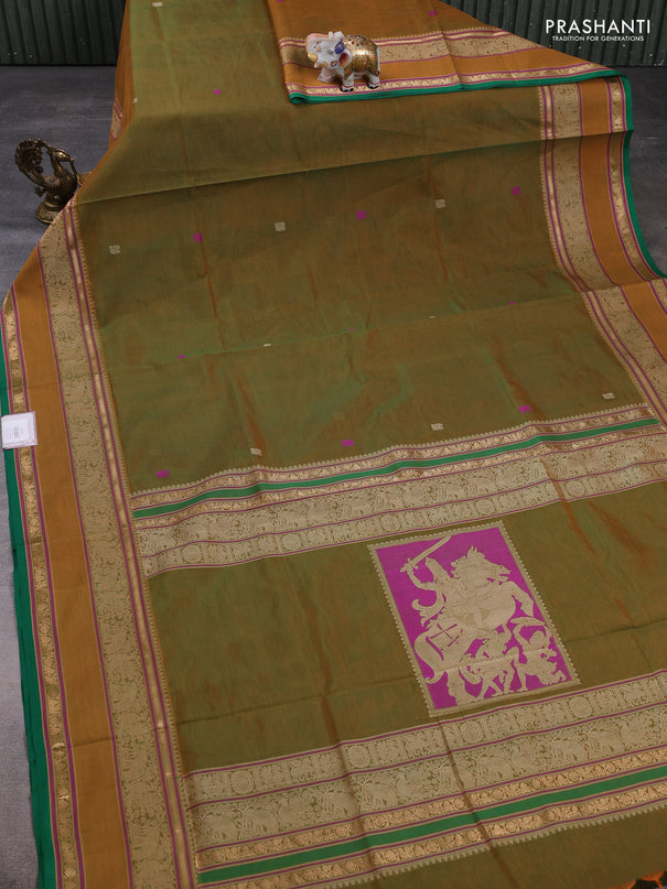 Kanchipuram silk cotton saree mustard green and green with thread woven buttas and rettapet thread & zari woven border