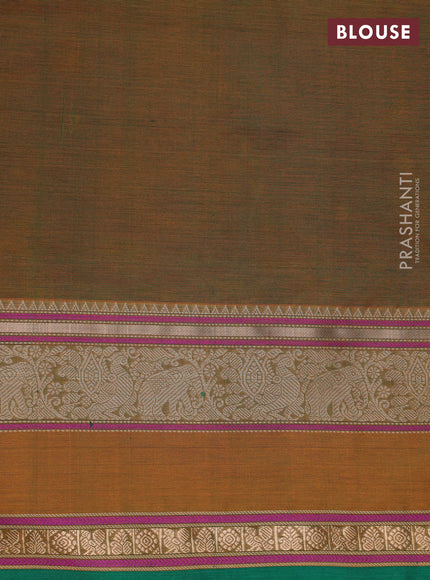 Kanchipuram silk cotton saree mustard green and green with thread woven buttas and rettapet thread & zari woven border
