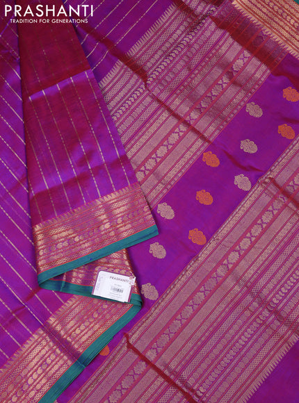 Kanchipuram silk cotton saree purple and teal green with allover zari weaves and zari woven border