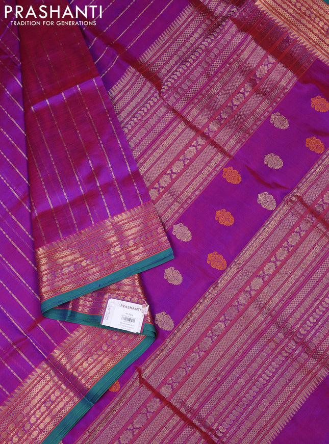 Kanchipuram silk cotton saree purple and teal green with allover zari weaves and zari woven border