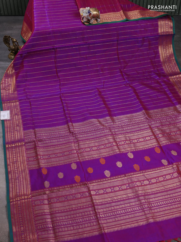 Kanchipuram silk cotton saree purple and teal green with allover zari weaves and zari woven border