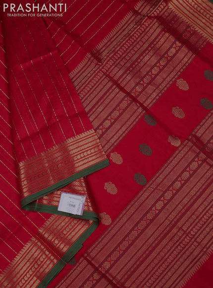 Kanchipuram silk cotton saree red and green with allover zari weaves and zari woven border