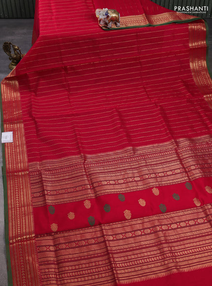 Kanchipuram silk cotton saree red and green with allover zari weaves and zari woven border