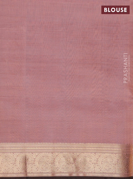 Kanchipuram silk cotton saree pastel peach and brown with plain body and zari woven border