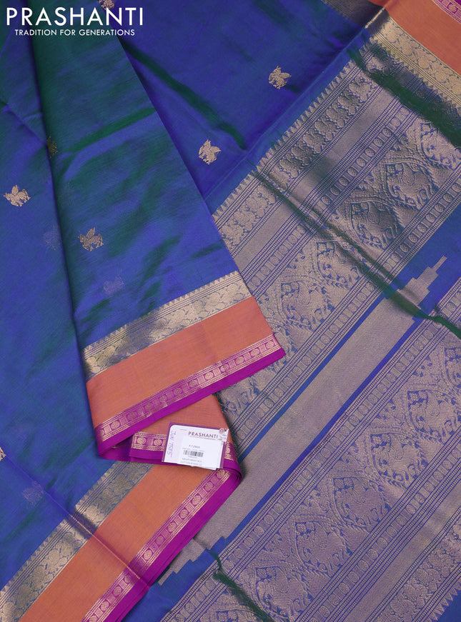 Kanchipuram silk cotton saree dual shade of bluish green and dark mustard with zari woven buttas and rettapet zari woven border