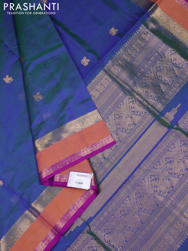 Kanchipuram silk cotton saree dual shade of bluish green and dark mustard with zari woven buttas and rettapet zari woven border