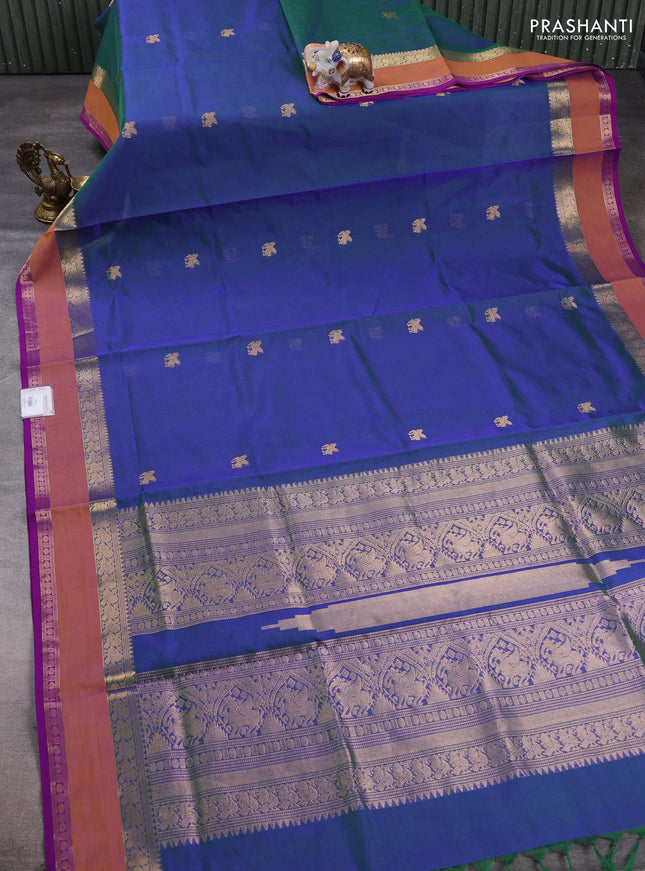 Kanchipuram silk cotton saree dual shade of bluish green and dark mustard with zari woven buttas and rettapet zari woven border