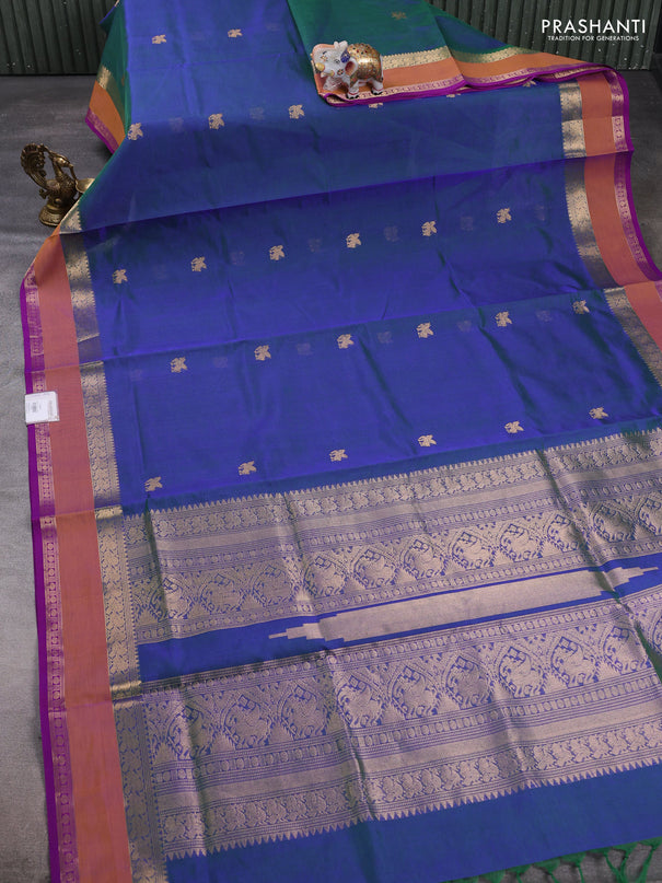 Kanchipuram silk cotton saree dual shade of bluish green and dark mustard with zari woven buttas and rettapet zari woven border