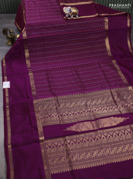 Kanchipuram silk cotton saree dual shade of purple with allover thread checks & buttas and rettapet zari woven border