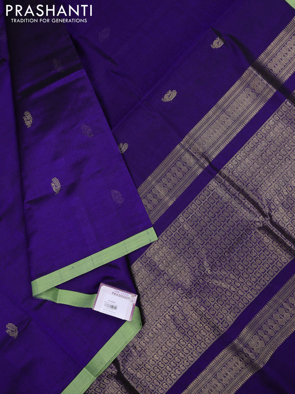 Kanchipuram silk cotton saree violet and pista green with annam zari woven buttas and piping border