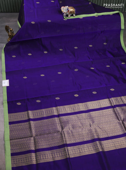 Kanchipuram silk cotton saree violet and pista green with annam zari woven buttas and piping border