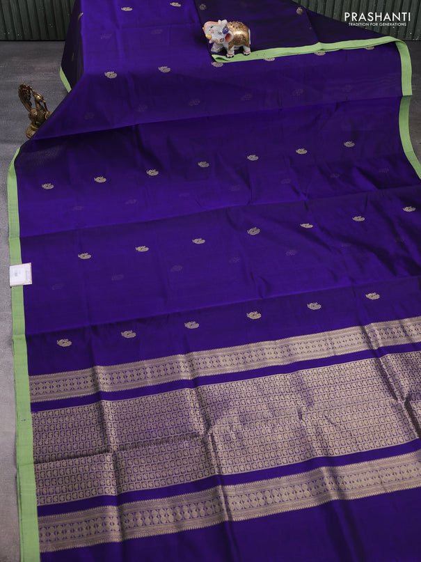Kanchipuram silk cotton saree violet and pista green with annam zari woven buttas and piping border