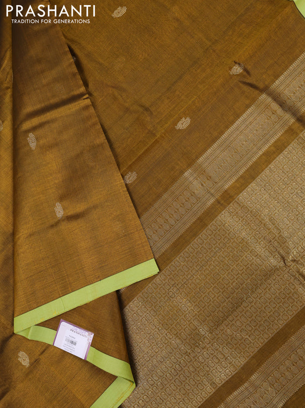 Kanchipuram silk cotton saree dark mustard and pista green with annam zari woven buttas and piping border