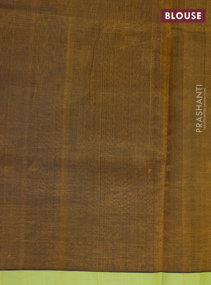 Kanchipuram silk cotton saree dark mustard and pista green with annam zari woven buttas and piping border