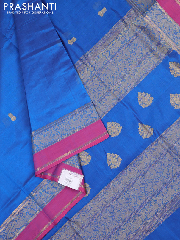 Kanchipuram silk cotton saree cs blue and pink with thread woven buttas and rettapet thread & zari woven border