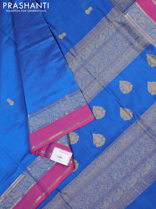 Kanchipuram silk cotton saree cs blue and pink with thread woven buttas and rettapet thread & zari woven border