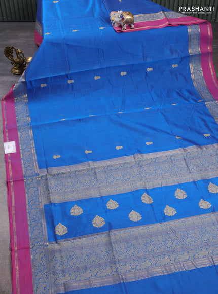 Kanchipuram silk cotton saree cs blue and pink with thread woven buttas and rettapet thread & zari woven border