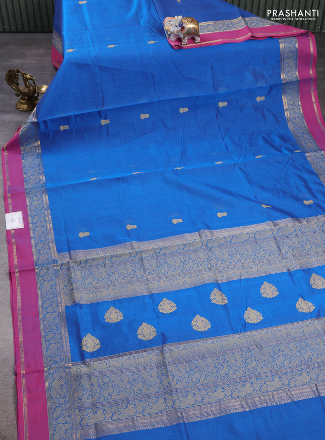 Kanchipuram silk cotton saree cs blue and pink with thread woven buttas and rettapet thread & zari woven border