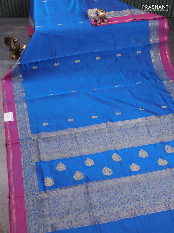 Kanchipuram silk cotton saree cs blue and pink with thread woven buttas and rettapet thread & zari woven border