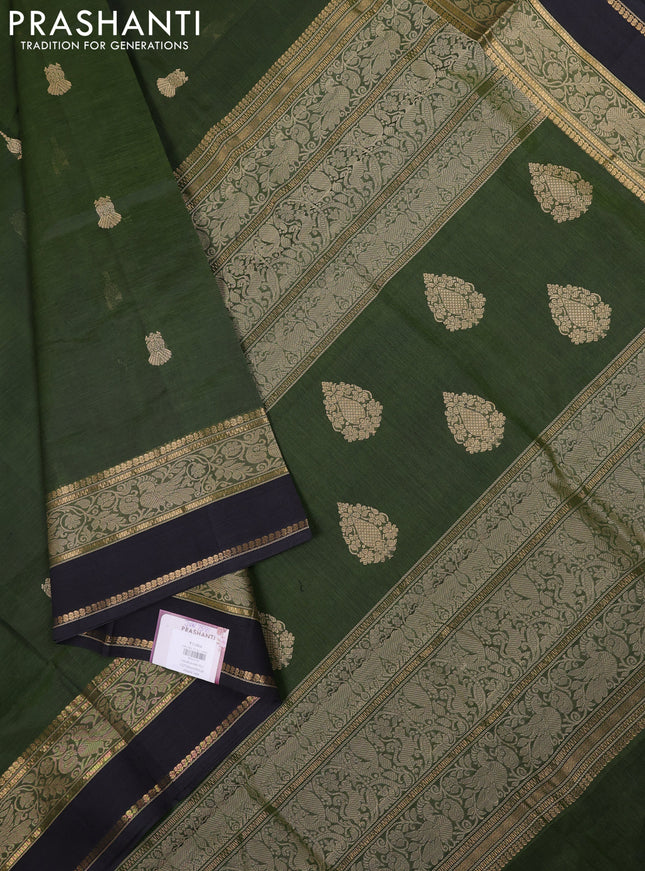 Kanchipuram silk cotton saree sap green and elephant grey with thread woven buttas and rettapet thread & zari woven border