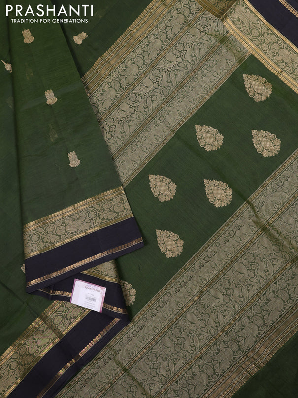 Kanchipuram silk cotton saree sap green and elephant grey with thread woven buttas and rettapet thread & zari woven border