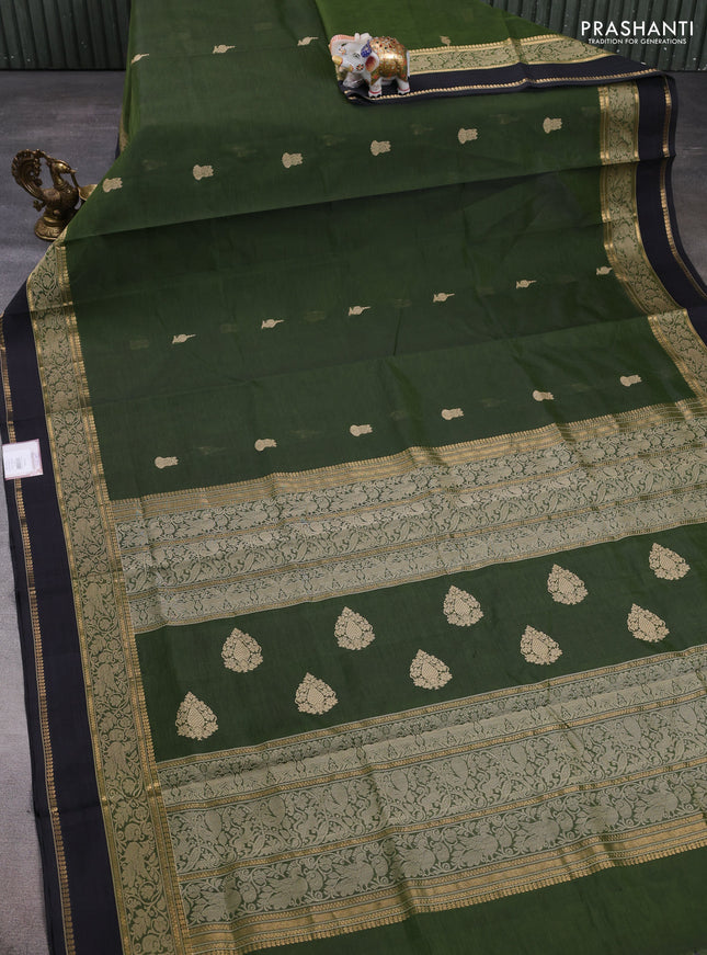 Kanchipuram silk cotton saree sap green and elephant grey with thread woven buttas and rettapet thread & zari woven border