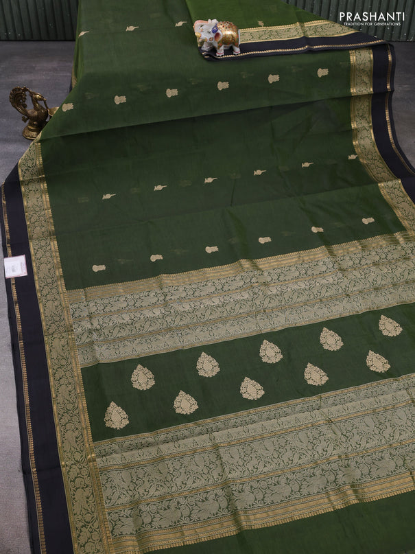 Kanchipuram silk cotton saree sap green and elephant grey with thread woven buttas and rettapet thread & zari woven border
