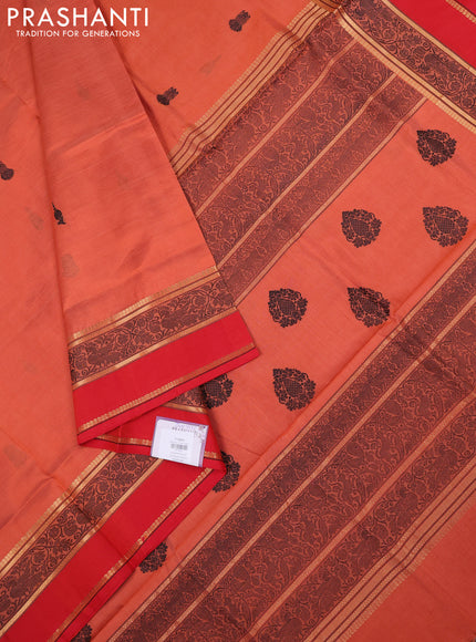 Kanchipuram silk cotton saree orange and red with thread woven buttas and rettapet thread & zari woven border