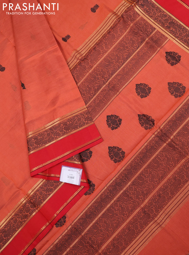 Kanchipuram silk cotton saree orange and red with thread woven buttas and rettapet thread & zari woven border