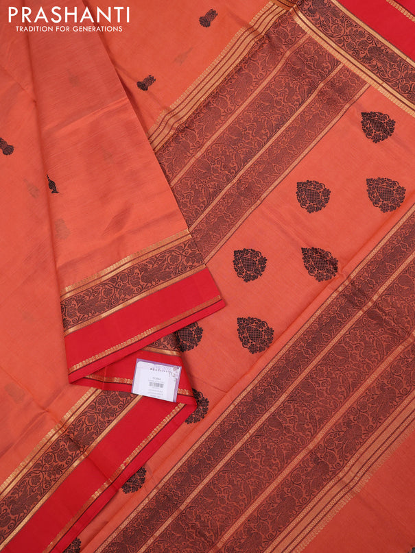 Kanchipuram silk cotton saree orange and red with thread woven buttas and rettapet thread & zari woven border