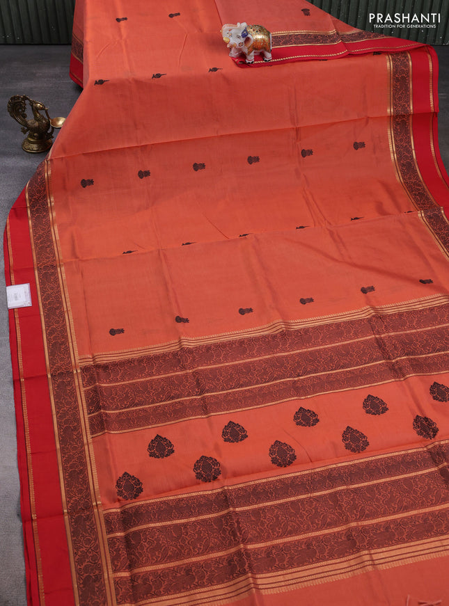 Kanchipuram silk cotton saree orange and red with thread woven buttas and rettapet thread & zari woven border