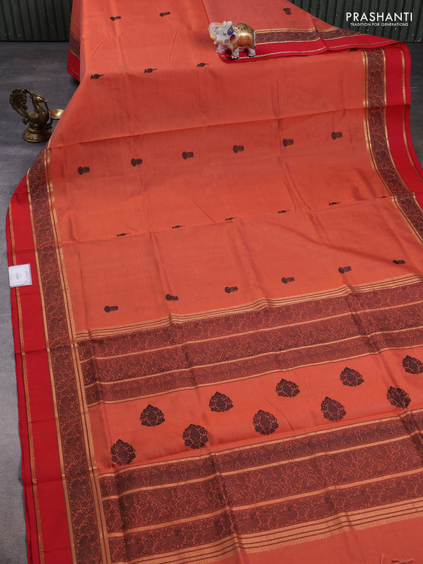Kanchipuram silk cotton saree orange and red with thread woven buttas and rettapet thread & zari woven border