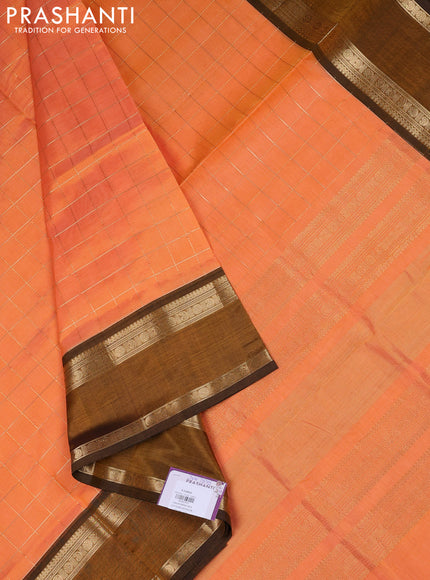Kanchipuram silk cotton saree orange and dark mustard with allover zari woven checked pattern and rettapet zari woven border