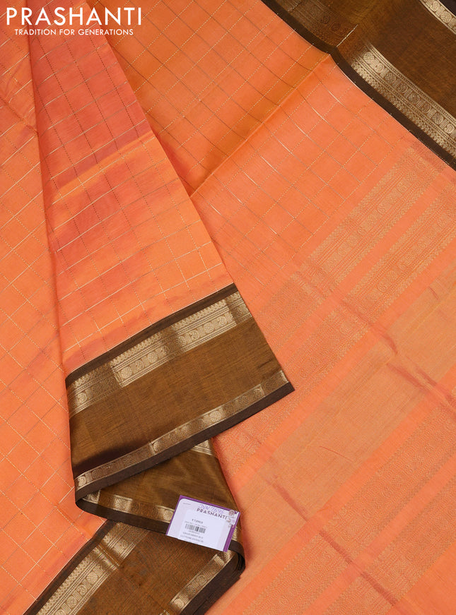 Kanchipuram silk cotton saree orange and dark mustard with allover zari woven checked pattern and rettapet zari woven border