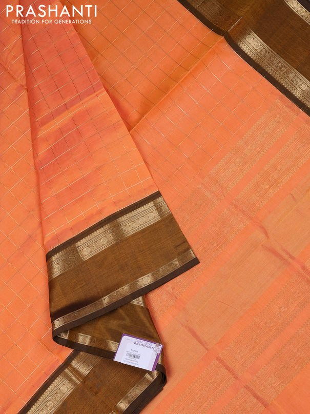 Kanchipuram silk cotton saree orange and dark mustard with allover zari woven checked pattern and rettapet zari woven border