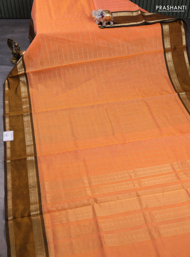 Kanchipuram silk cotton saree orange and dark mustard with allover zari woven checked pattern and rettapet zari woven border