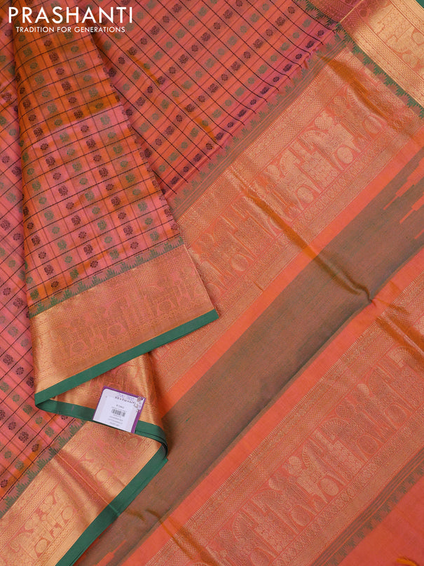 Kanchipuram silk cotton saree dual shade of orange and green with allover thread checks & 1000 buttas and temple design zari woven border