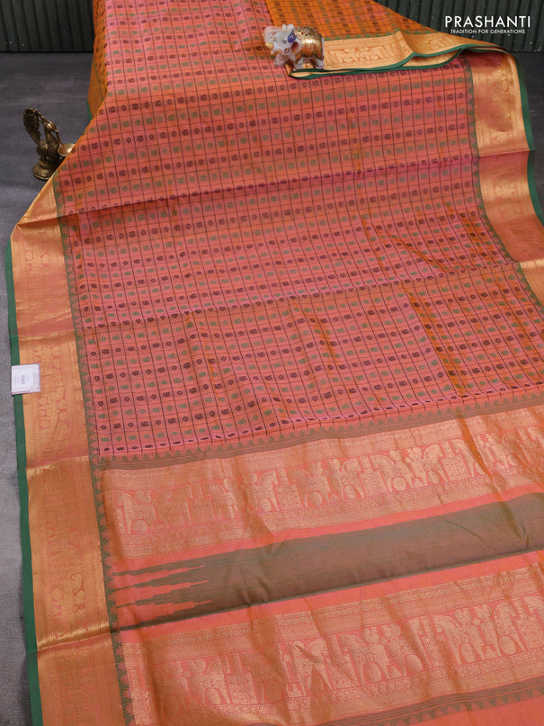 Kanchipuram silk cotton saree dual shade of orange and green with allover thread checks & 1000 buttas and temple design zari woven border